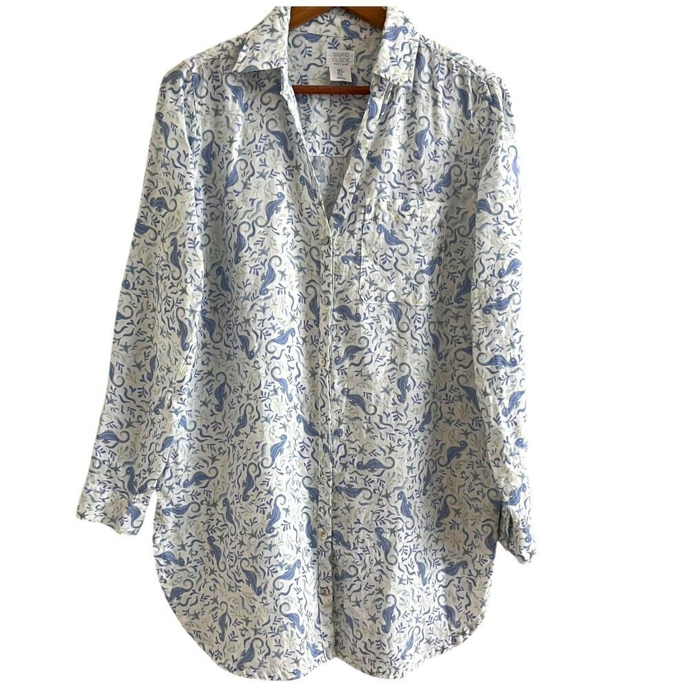 Sigrid Olsen Linen Seahorse Print Tunic Top size S